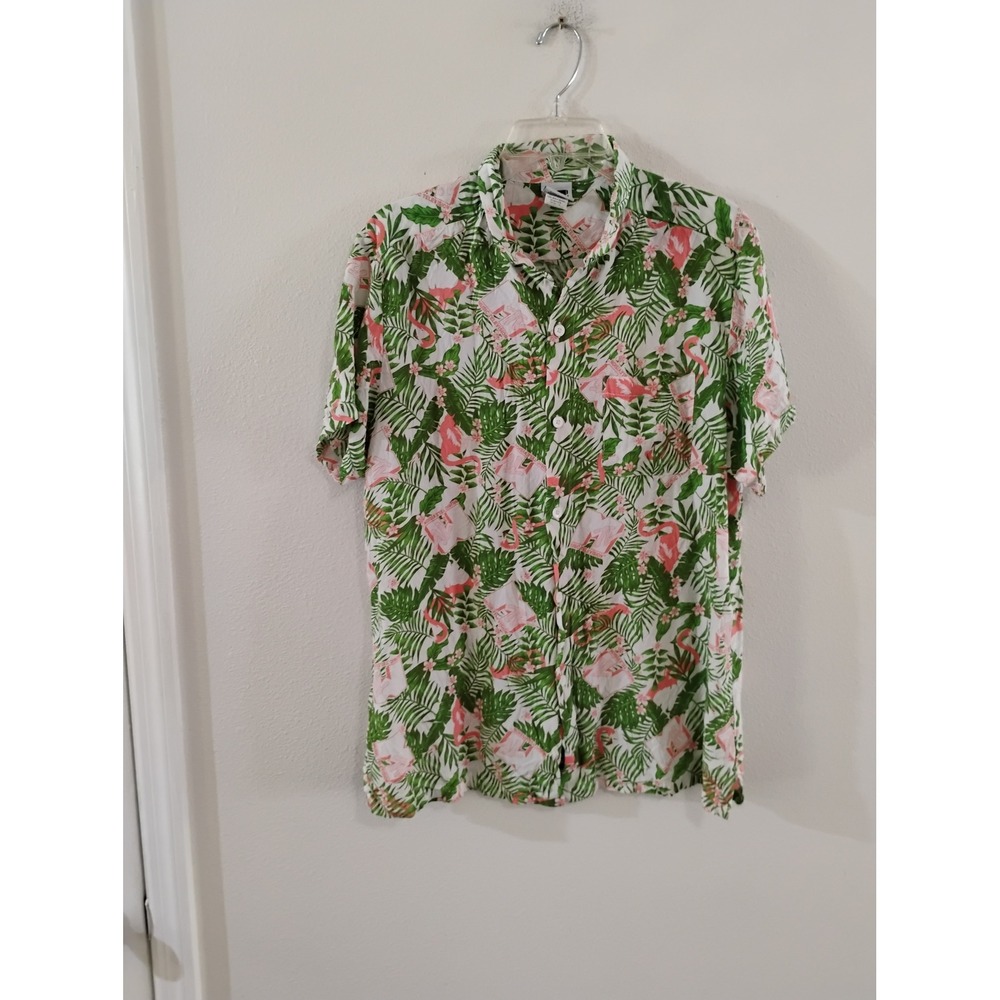 MTV Music Television Flamingo Tropical Palm Print Button Down Shirt Mens Large